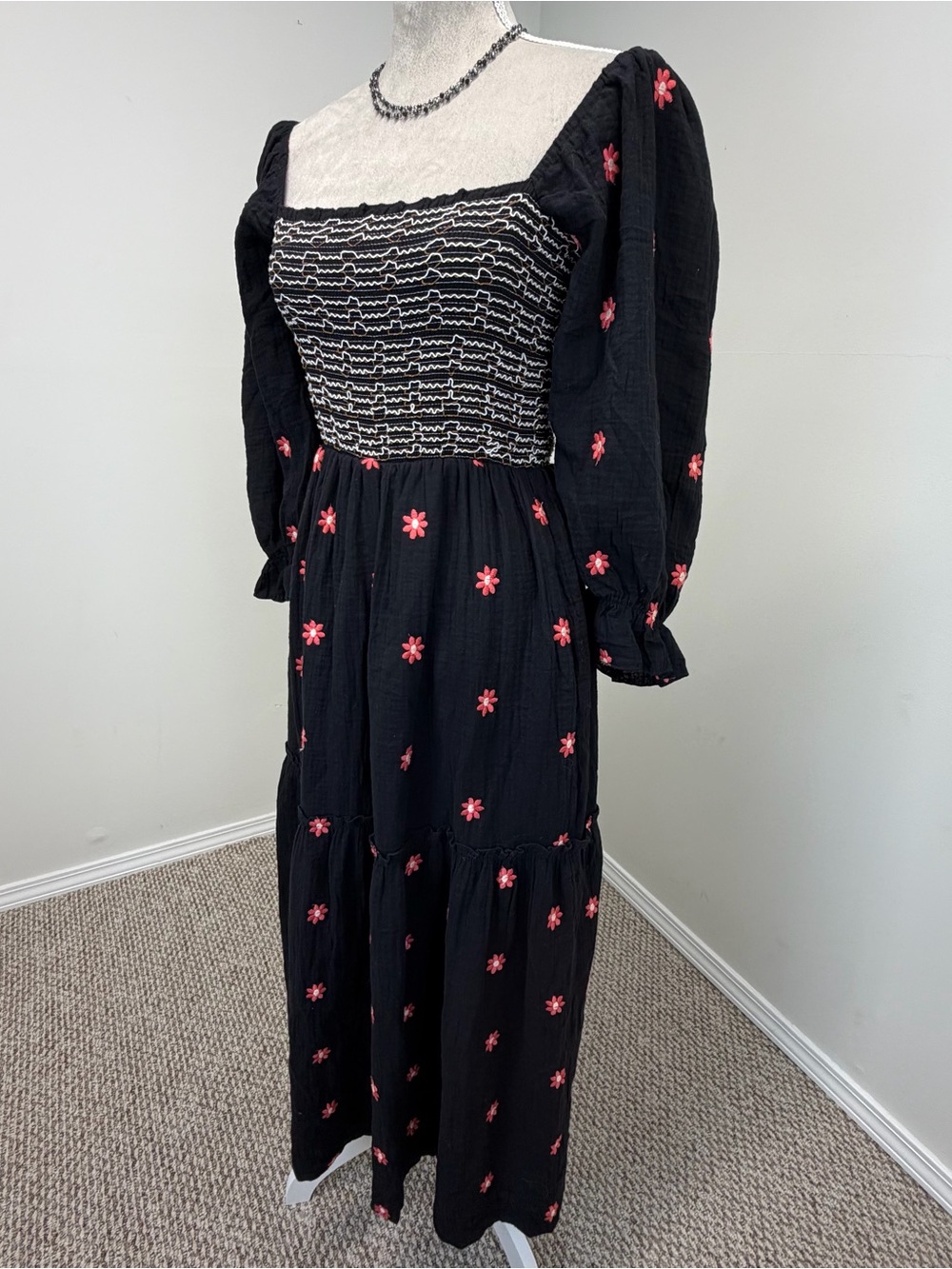 Free People Dahlia Embroidered Maxi Dress S /M Tiered Smocked Black Combo Boho - Picture 8 of 15